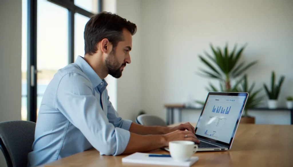 Consultant digital analysant une interface de création de site web Hostinger sur son ordinateur portable dans un bureau lumineux