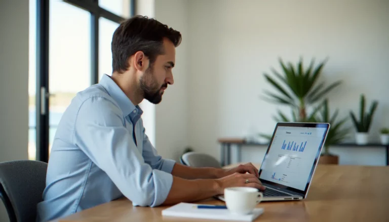 Consultant digital analysant une interface de création de site web Hostinger sur son ordinateur portable dans un bureau lumineux