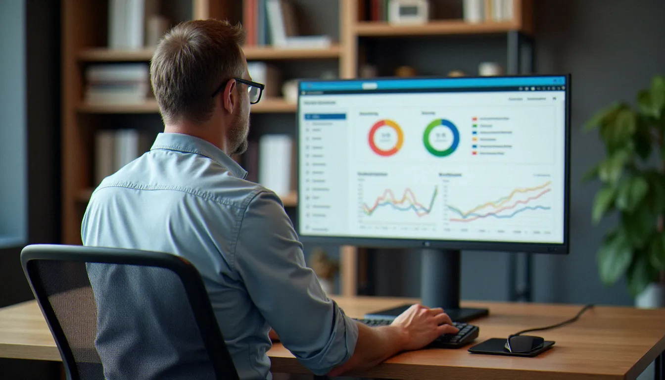 Un consultant digital analysant l'interface et les fonctionnalités d'un créateur de site web pour en évaluer la qualité SEO