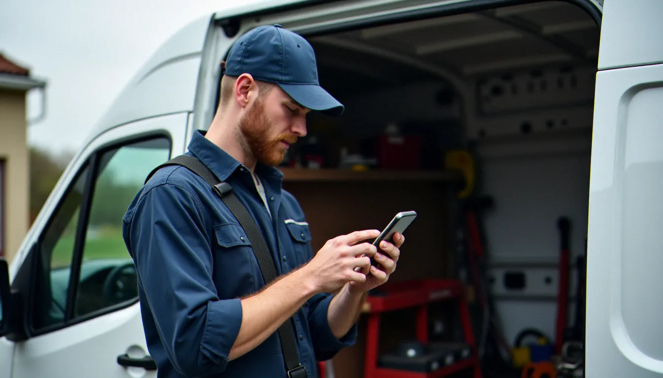 Un artisan consultant son site vitrine sur mobile, illustrant les usages concrets d'une solution de création de site pour TPE