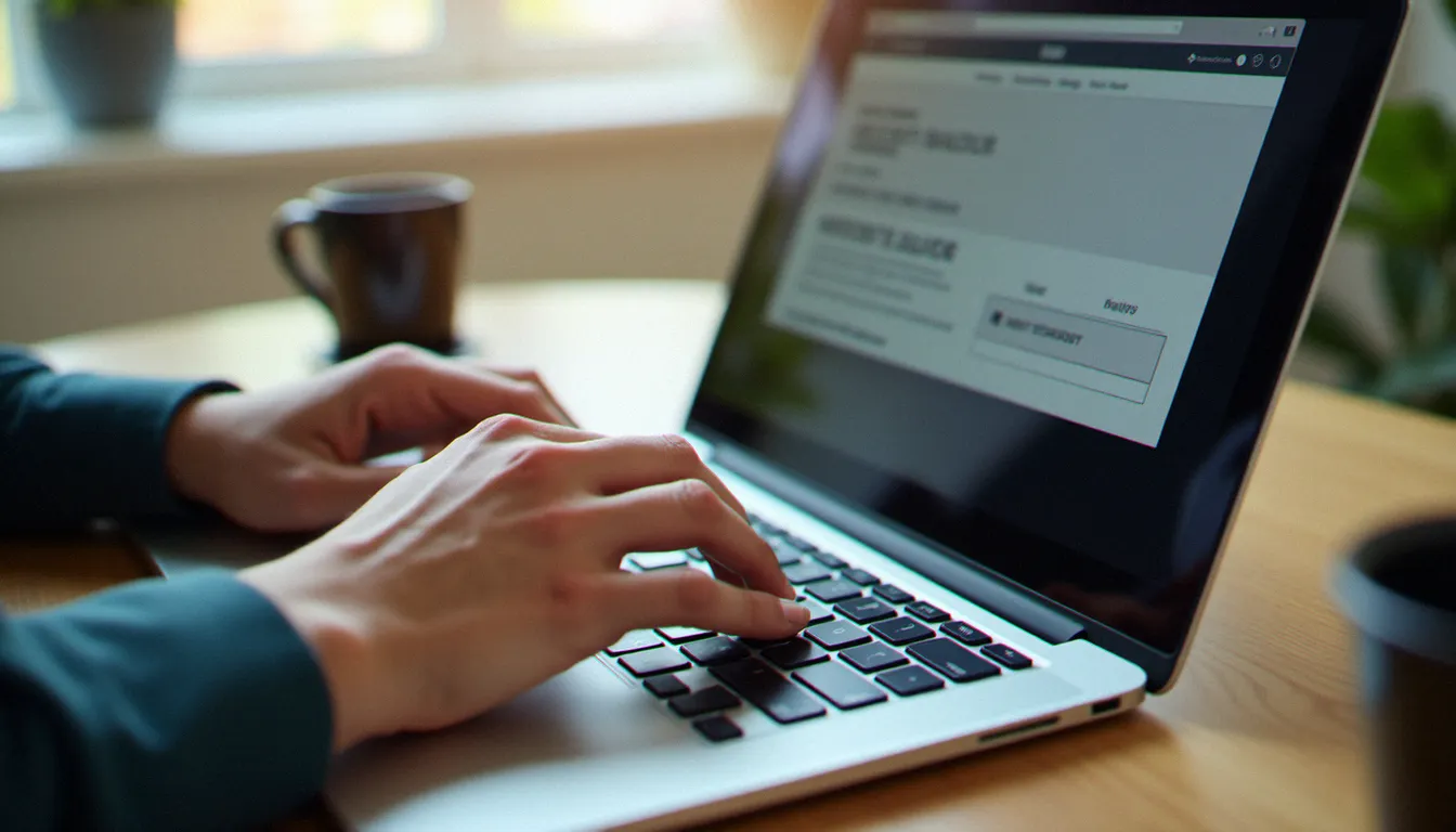 Un entrepreneur TPE utilisant un créateur de site web en ligne pour son ionos création site web, sur un ordinateur portable posé sur un bureau en bois