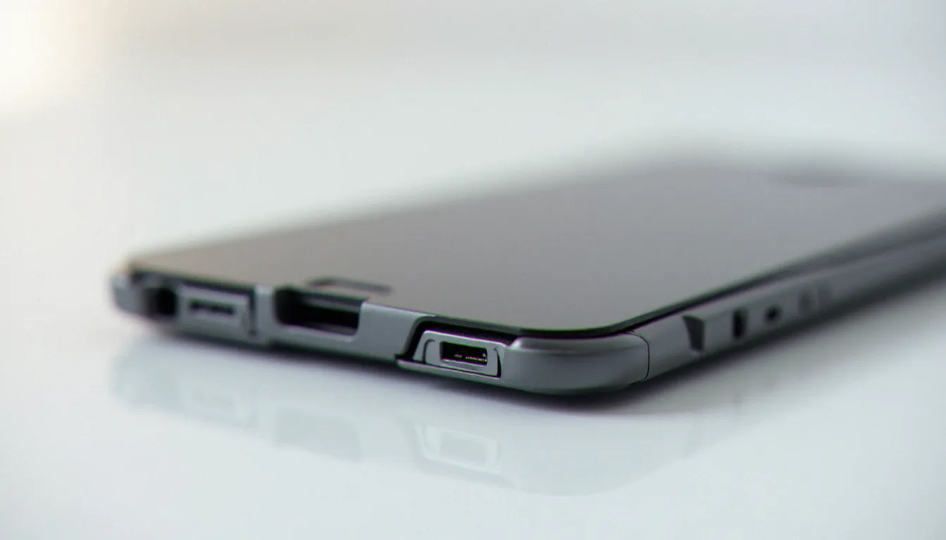 Détail en macro de la charnière d'un smartphone pliant avec le pli central visible sur l'écran OLED flexible