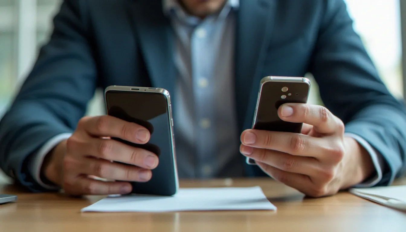 Une personne en situation professionnelle comparant un iPhone classique et un smartphone pliant ouvert posés côte à côte sur un bureau
