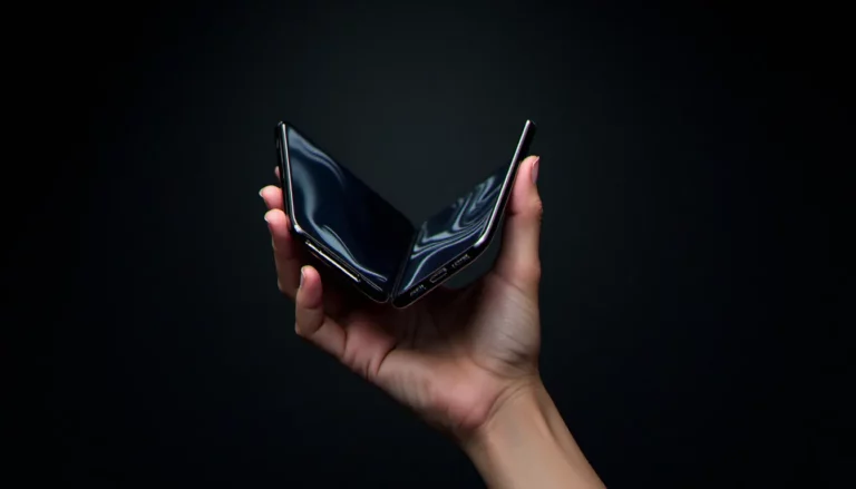 Un smartphone pliant ouvert à mi-chemin, révélant son grand écran intérieur flexible, représentant le concept d'iPhone pliant