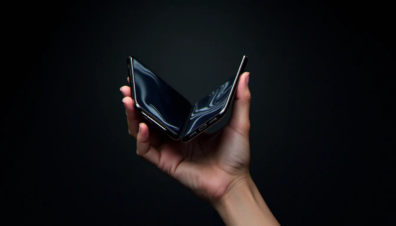 Un smartphone pliant ouvert à mi-chemin, révélant son grand écran intérieur flexible, représentant le concept d'iPhone pliant