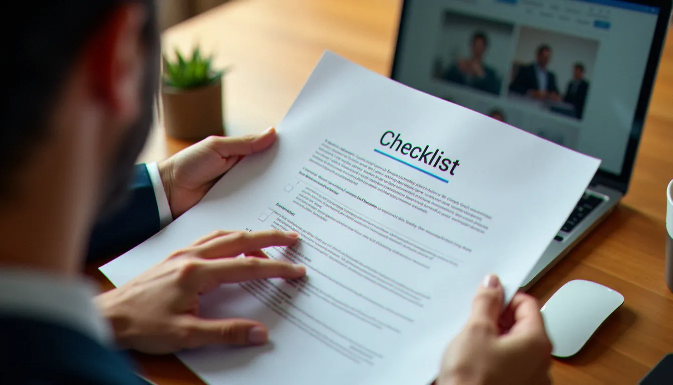 Dirigeant de TPE consultant une checklist de critères d'évaluation d'une agence web avant de signer un devis de création de site internet