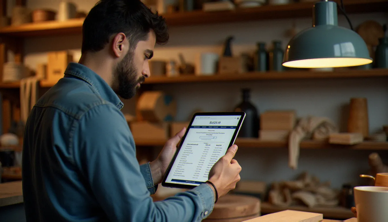 Artisan indépendant consultant des devis de création de site web sur une tablette dans son atelier, comparant les tarifs du marché à Metz
