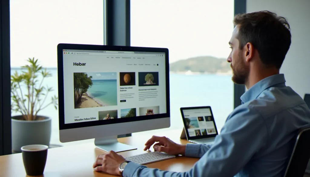 Consultant digital comparant des maquettes de sites web sur écran et tablette pour choisir le meilleur concepteur de site web