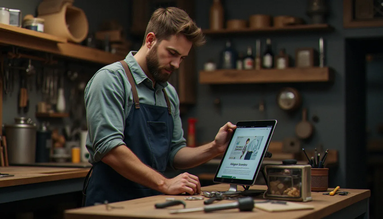 Un artisan consulte le site web de son entreprise sur une tablette posée dans son atelier, symbolisant le coût réel d'un créateur de site web pour les métiers manuels