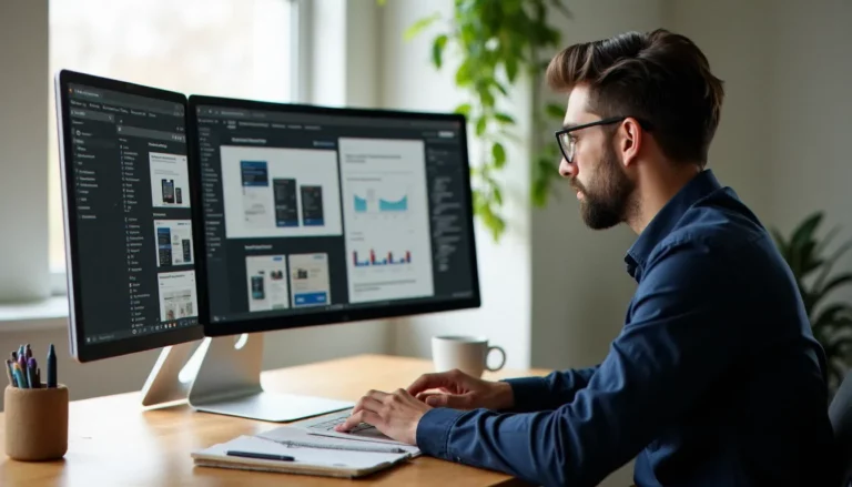 Un dirigeant de TPE compare différents créateurs de site web sur son ordinateur pour choisir le meilleur créateur de site web adapté à son activité