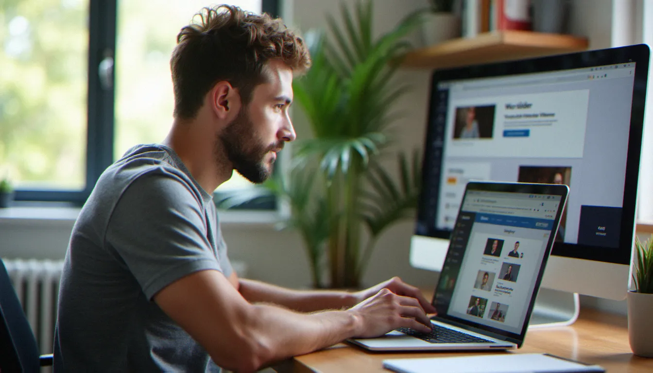 Chef d'entreprise comparant les meilleurs créateurs de site web gratuits sur son ordinateur portable dans un bureau moderne