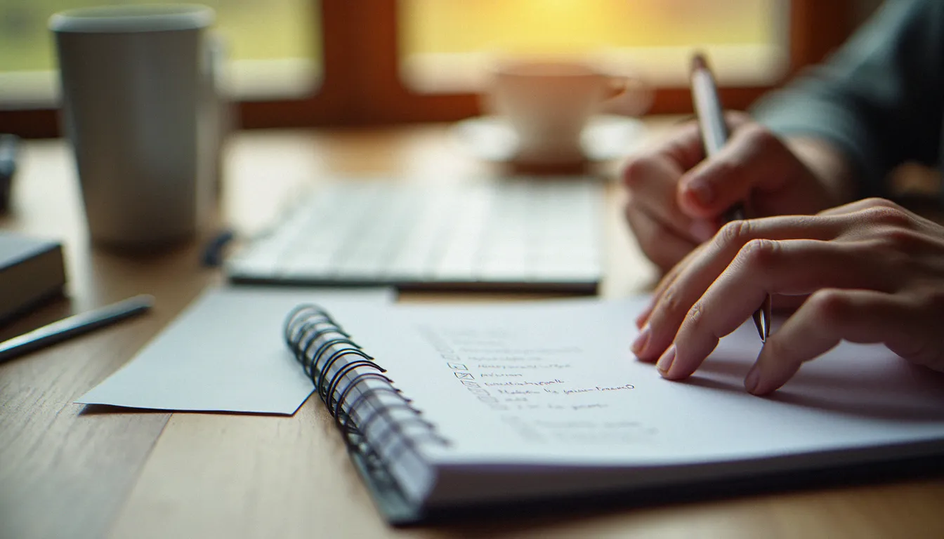 Des mains tapent sur un clavier à côté d'une liste de critères manuscrite pour choisir le meilleur créateur de site web IA