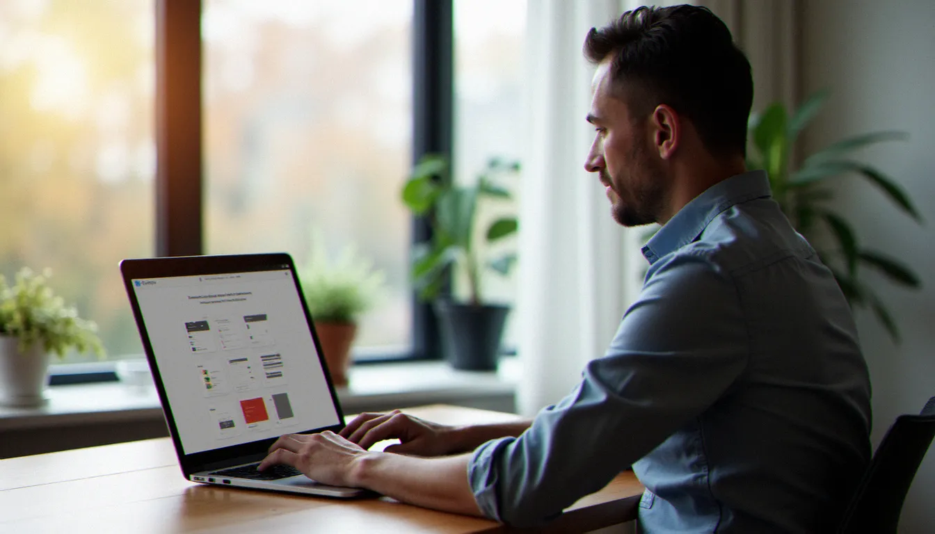 Un entrepreneur TPE compare les options d'un créateur de site web IA sur son ordinateur portable dans un bureau lumineux