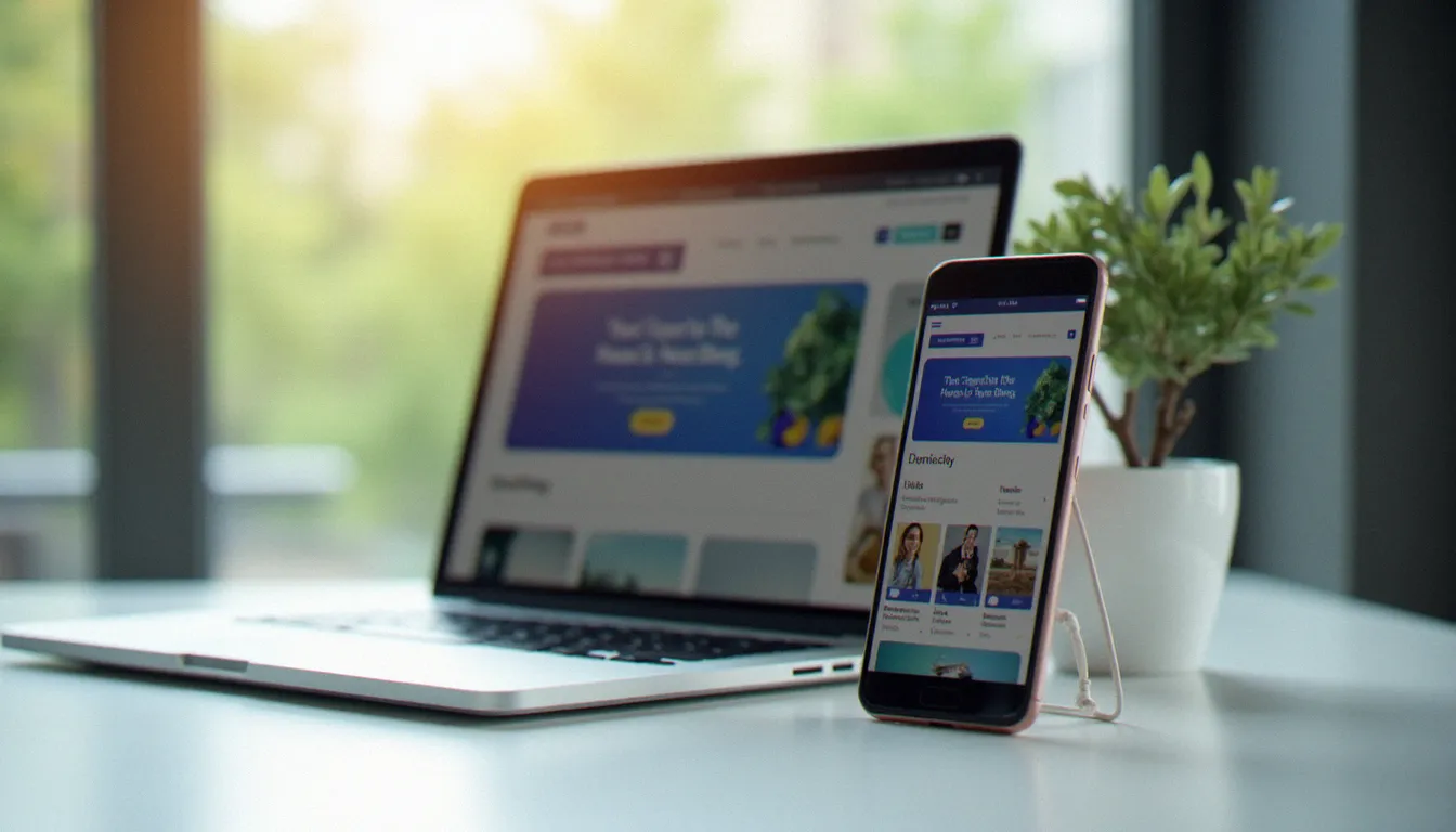 Comparaison d'un même site web affiché sur smartphone et ordinateur portable, illustrant l'importance du design responsive pour le meilleur design de site web