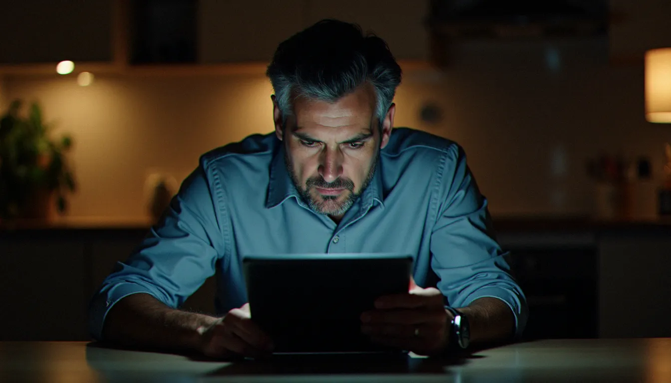 Dirigeant de petite entreprise consultant son site web sur une tablette avec une expression préoccupée, illustrant les conséquences d'un mauvais design de site web sur l'expérience utilisateur