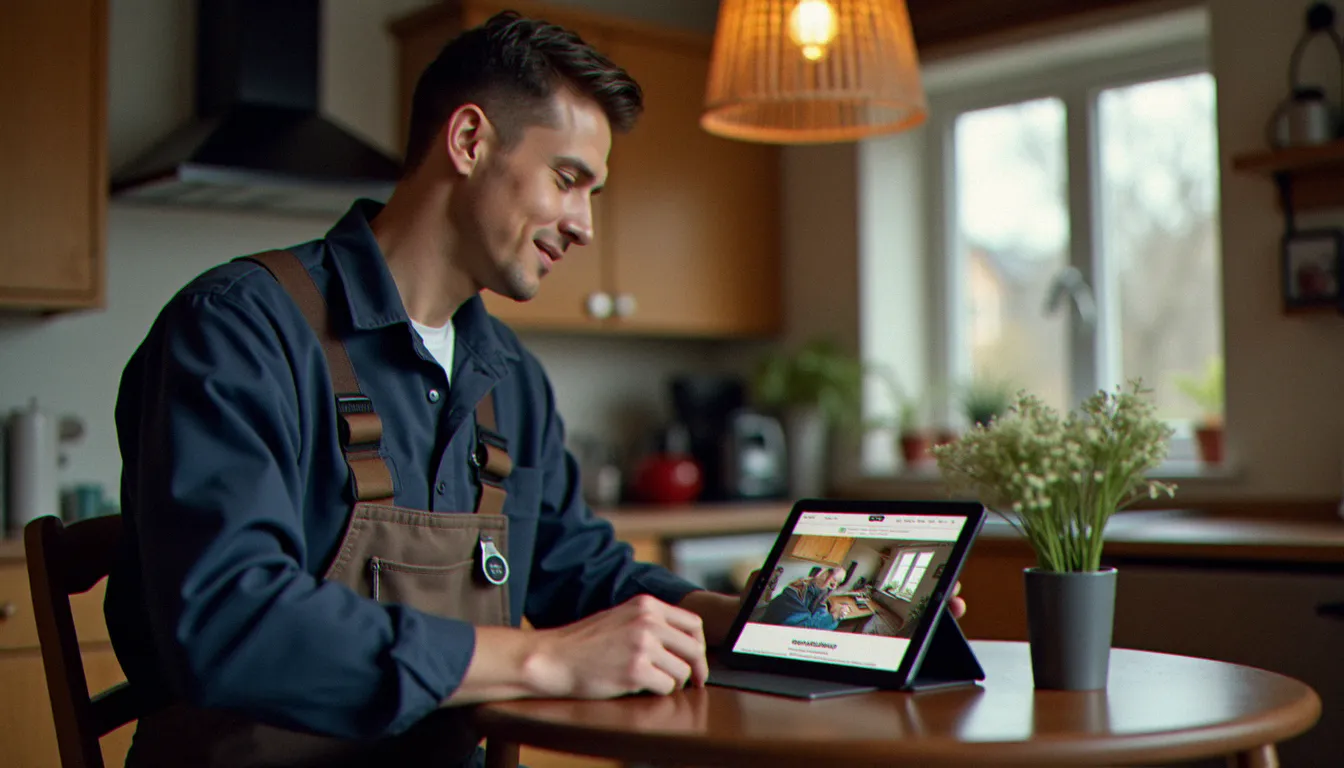 Un artisan plombier consulte le site web de son entreprise créé avec un outil IA sur une tablette