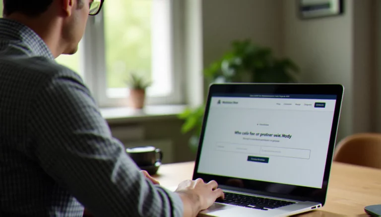 Un dirigeant de TPE consulte les meilleurs outils IA pour création de site web sur son ordinateur portable dans son bureau