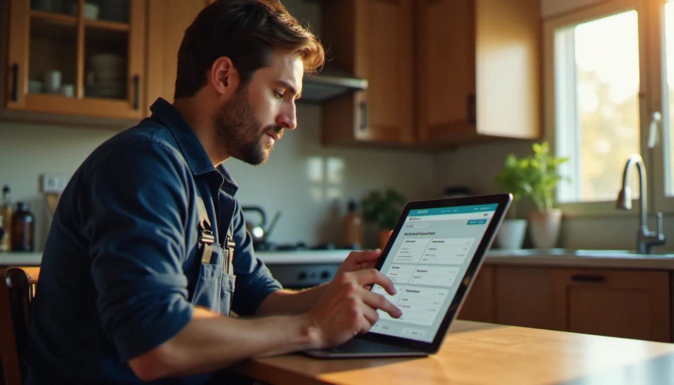Artisan plombier consultant son site web professionnel depuis une tablette pour mettre à jour ses informations d'entreprise