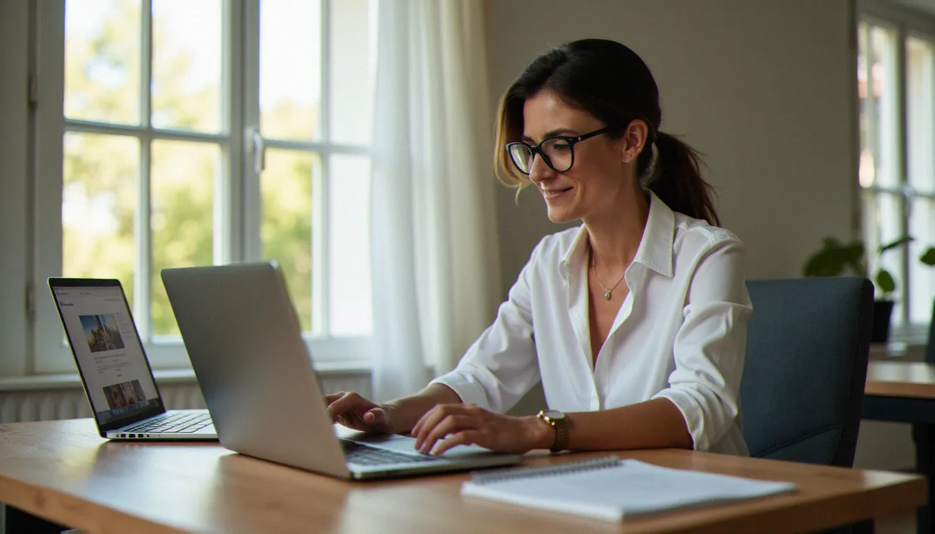 Chef d'entreprise comparant plusieurs logiciels de création de site web professionnel sur deux écrans d'ordinateur dans un bureau lumineux