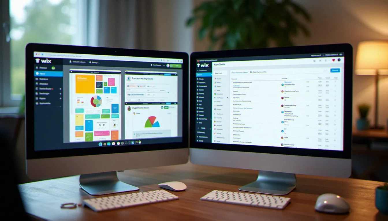 Comparaison visuelle de deux interfaces de logiciels de création de site web côte à côte sur des écrans d'ordinateur