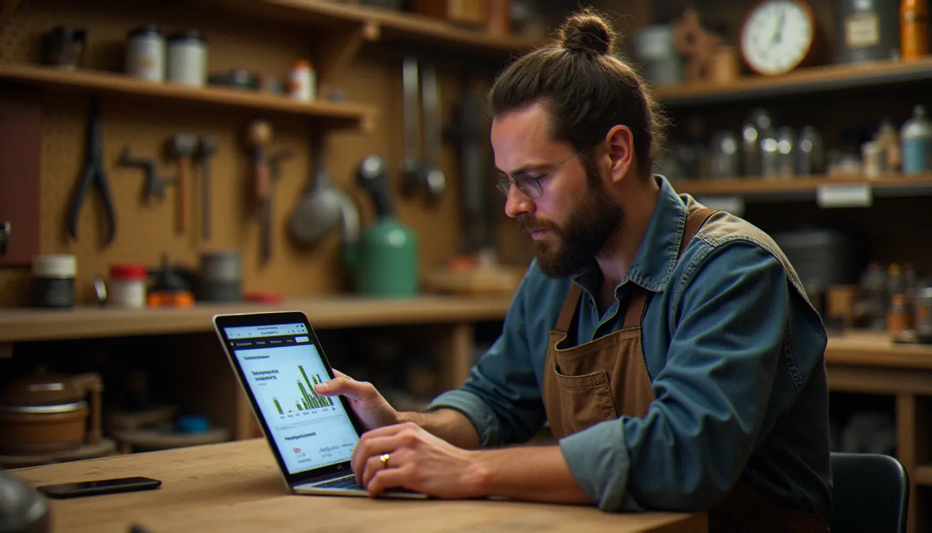 Un artisan consultant les performances de son site web sur une tablette dans son atelier