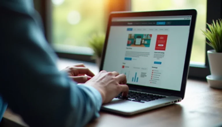 Un entrepreneur utilisant un logiciel de création site web sur son ordinateur portable dans un bureau à domicile moderne
