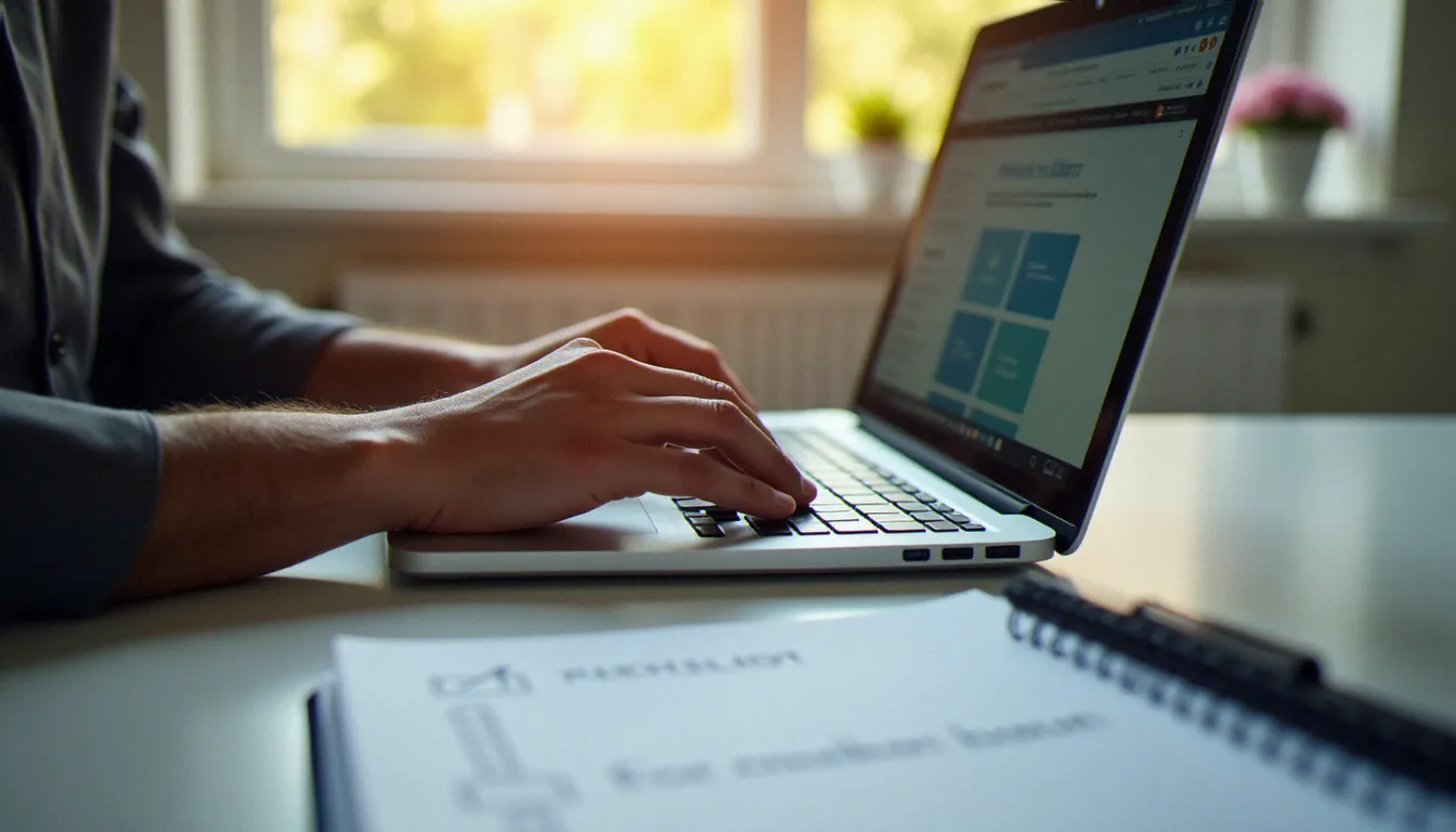 Gros plan sur des mains utilisant un constructeur de site web avec un carnet de critères d'évaluation posé à côté sur un bureau