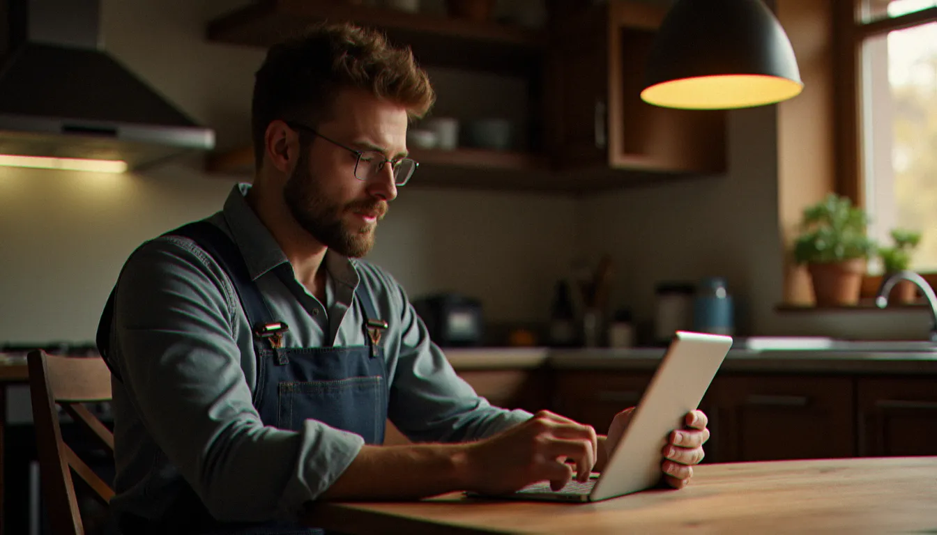 Artisan consultant son site web professionnel sur une tablette en fin de journée, illustrant l'usage concret d'un outil de création de site web adapté aux TPE