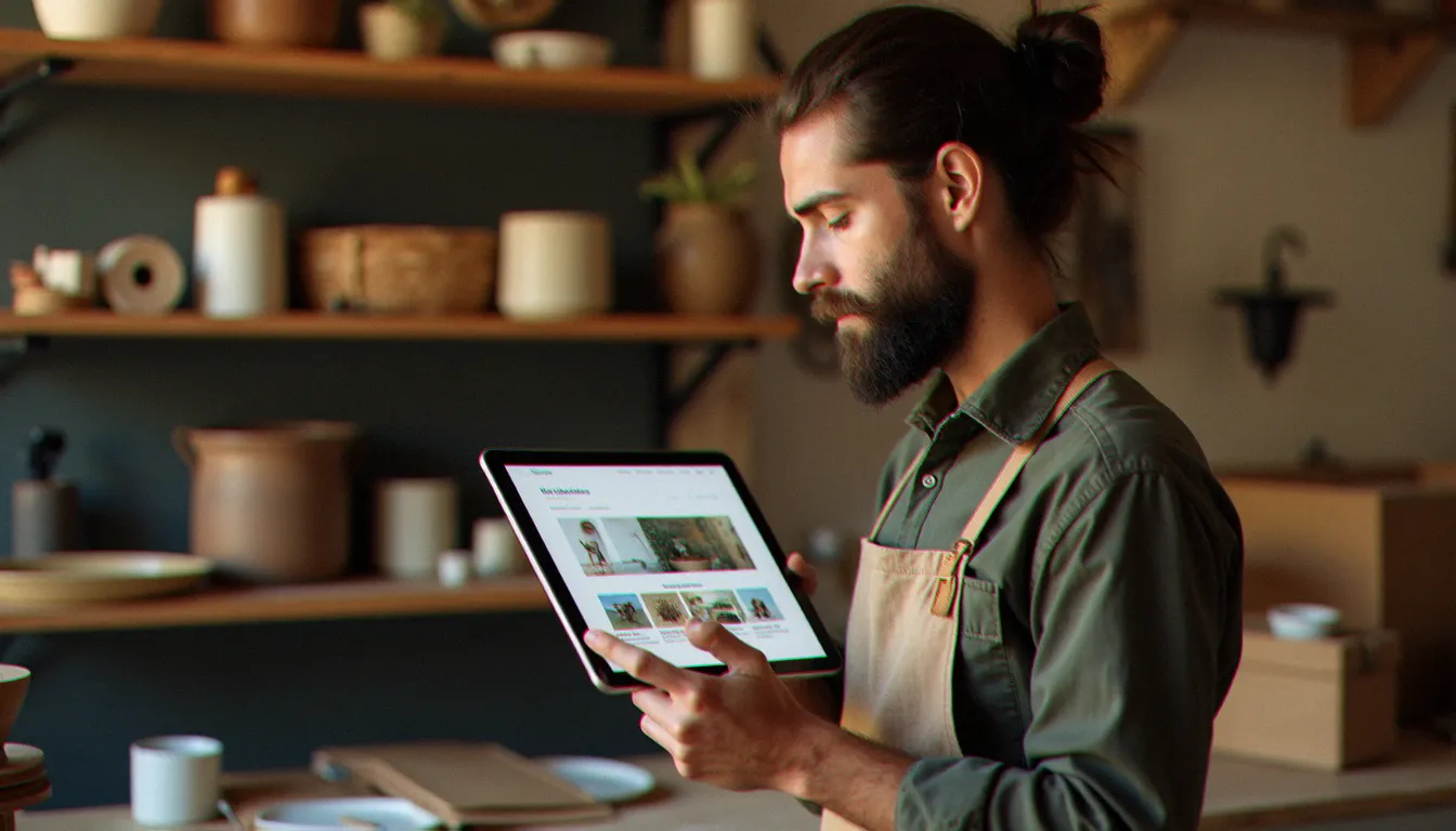 Artisan consultant son site web créé avec une plateforme gratuite sur tablette dans son atelier, réfléchissant au passage au plan payant