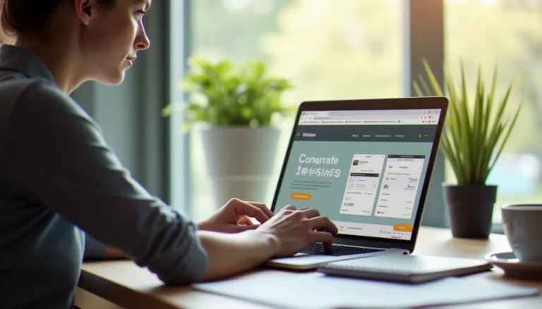 Chef d'entreprise TPE comparant les meilleurs sites de création de site web gratuit sur son ordinateur portable dans un bureau lumineux