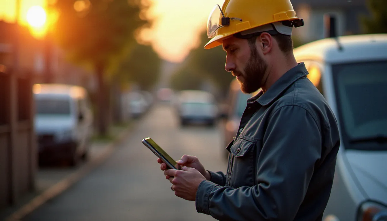 Artisan consultant son site internet professionnel sur mobile devant son véhicule de travail, exemple concret d'utilisation d'une solution web packagée