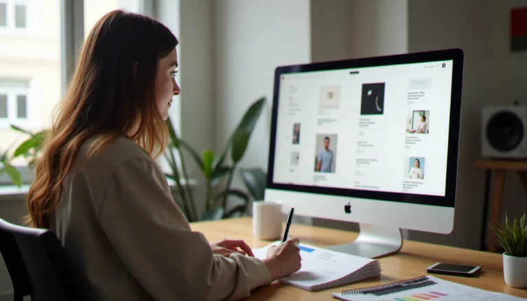 Consultant en création de site web et identité de marque examinant des maquettes et une charte graphique dans un studio indépendant, illustration de l'avis sur studio maltot