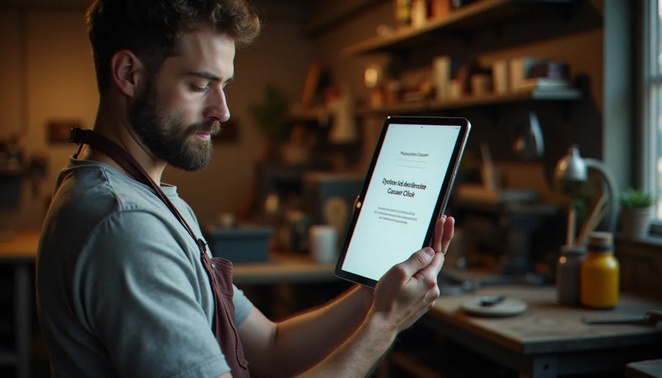 Artisan français consultant son site internet professionnel dans son atelier, illustrant l'enjeu de la propriété du site pour les indépendants