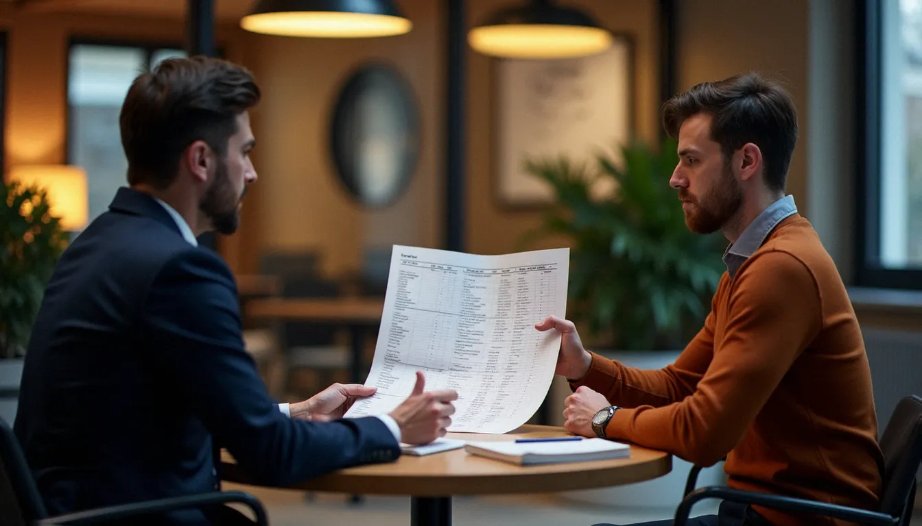 Deux entrepreneurs comparant des devis d'agences web lyonnaises lors d'un rendez-vous de conseil digital