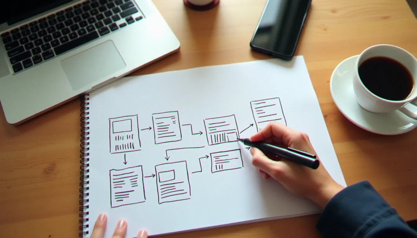Carnet ouvert sur un bureau avec un schéma manuscrit des étapes de création d'un site web, illustrant la planification d'un site vitrine