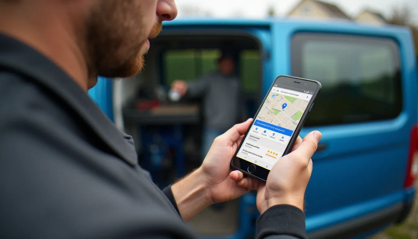 Artisan consultant son smartphone affichant des résultats de recherche locale Google, illustrant l'importance du SEO local pour attirer des clients grâce à son site web