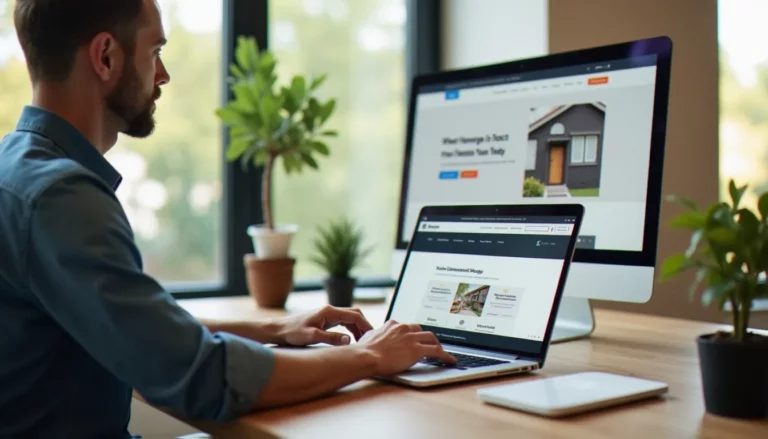 Entrepreneur en train de créer son site web sur un ordinateur portable dans un bureau lumineux, illustrant comment créer un site web pour une petite entreprise