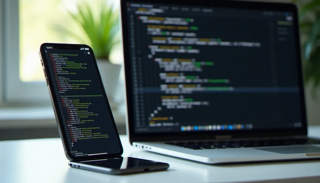 Écran de code HTML et CSS ouvert dans un éditeur à côté d'un smartphone affichant la version mobile du site web