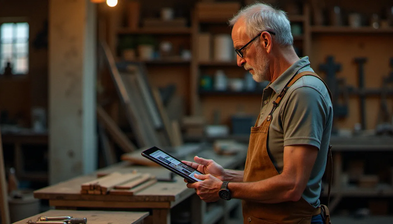 Artisan consultant son site vitrine créé en HTML et CSS sur une tablette dans son atelier