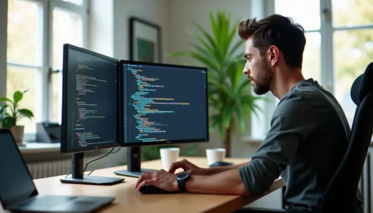 Consultant digital en train de créer un site web avec HTML et CSS sur un double écran dans un bureau lumineux
