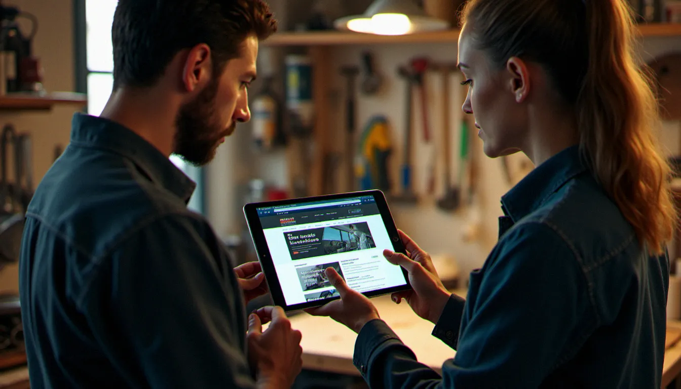 Deux artisans comparant deux interfaces de création de site web sur une tablette dans un atelier, illustrant le choix entre Wix et WordPress