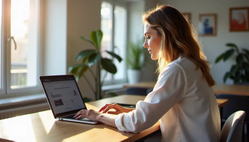 Une cheffe d'entreprise TPE crée son site web avec Wix sur un ordinateur portable dans un bureau lumineux, illustrant la création de site web avec Wix