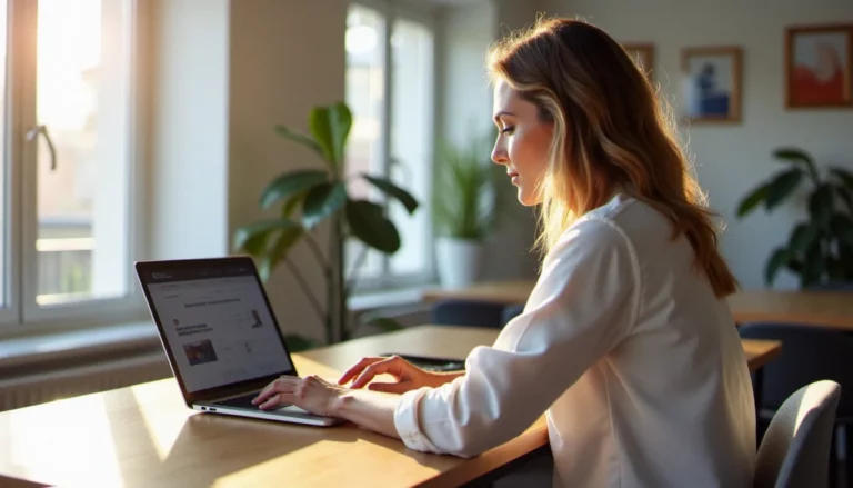 Une cheffe d'entreprise TPE crée son site web avec Wix sur un ordinateur portable dans un bureau lumineux, illustrant la création de site web avec Wix