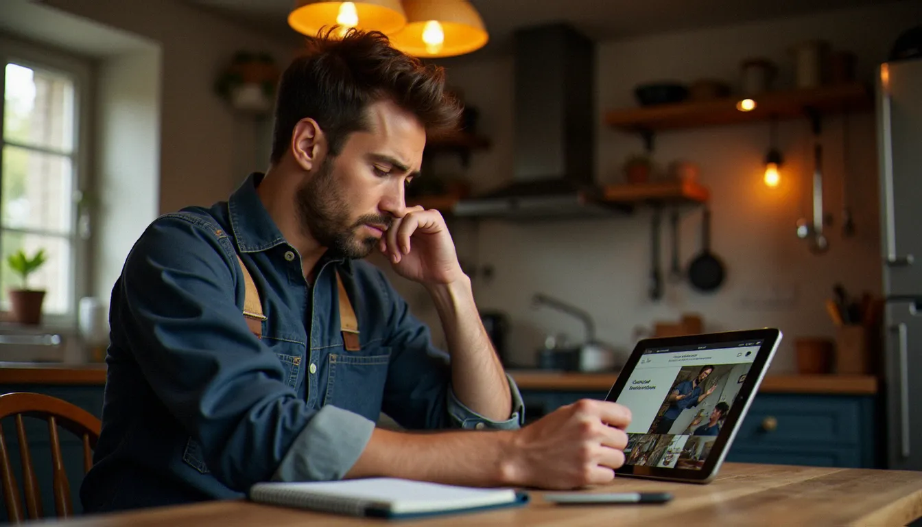 Un artisan plombier consulte son site web créé sur une plateforme gratuite avec un sous-domaine peu professionnel affiché dans le navigateur