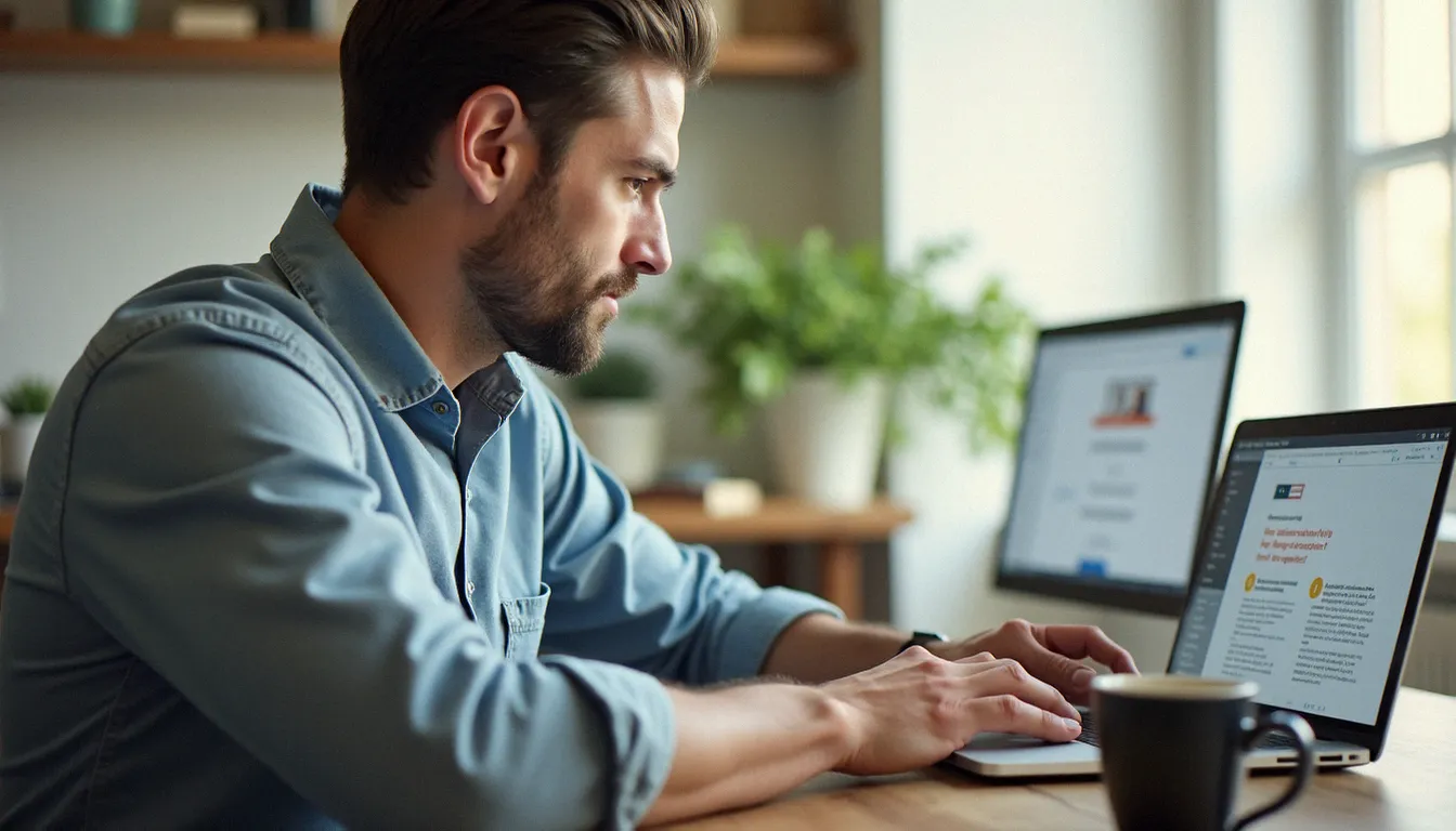 Un dirigeant de TPE consulte un outil de création de site web IA gratuit sur son ordinateur portable dans son bureau à domicile