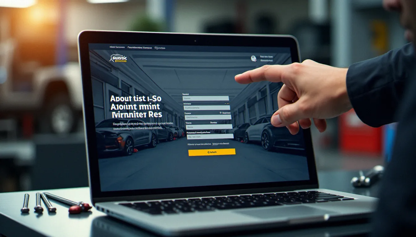 Garagiste consultant le site web professionnel de son atelier sur un ordinateur portable posé sur l'établi, avec des outils mécaniques visibles en arrière-plan