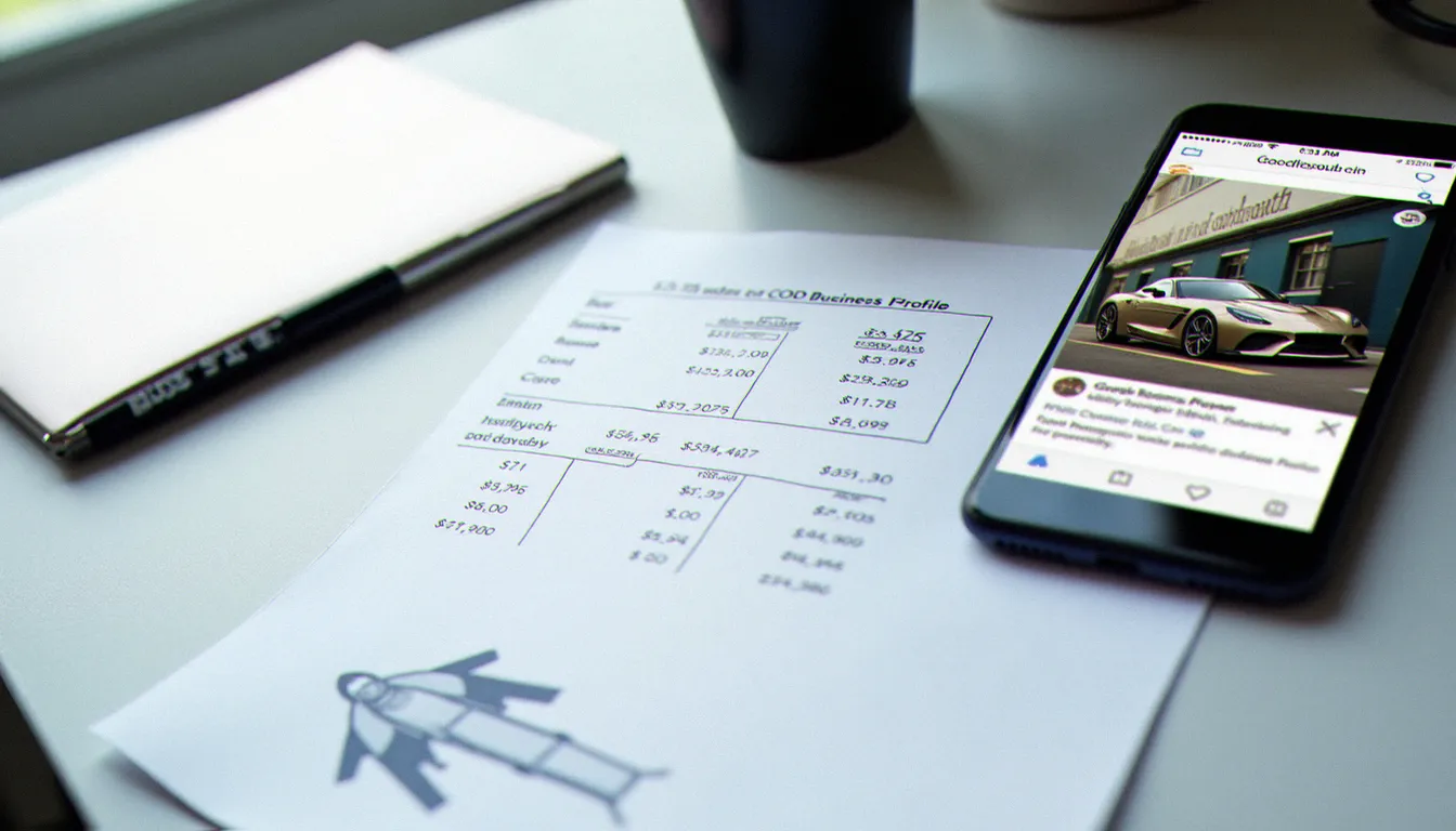 Vue de dessus d'un bureau avec devis de création de site web, smartphone affichant une fiche Google garage et notes de calcul de budget digital
