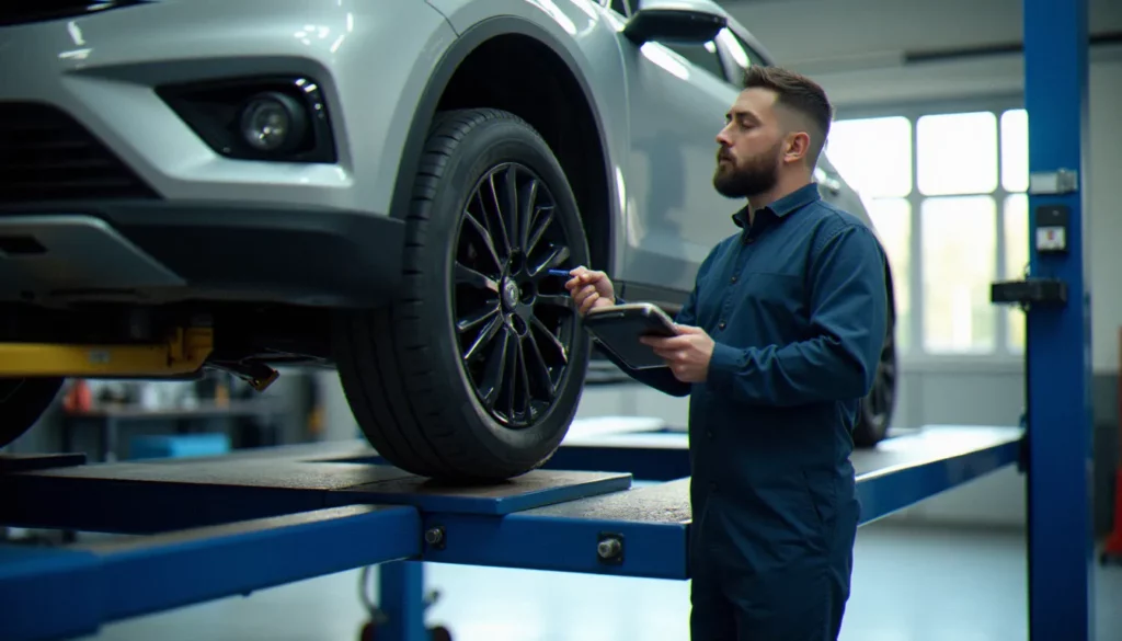 Mécanicien automobile inspectant une voiture sur pont élévateur dans un garage professionnel, illustration de la création de site web pour garage automobile
