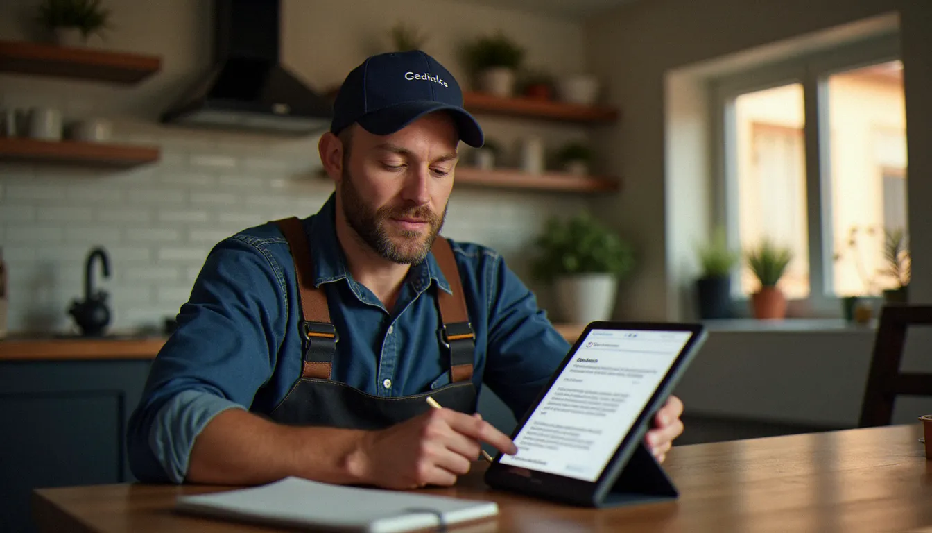 Artisan plombier consultant les résultats Google sur sa tablette pour évaluer la rentabilité de son site internet professionnel
