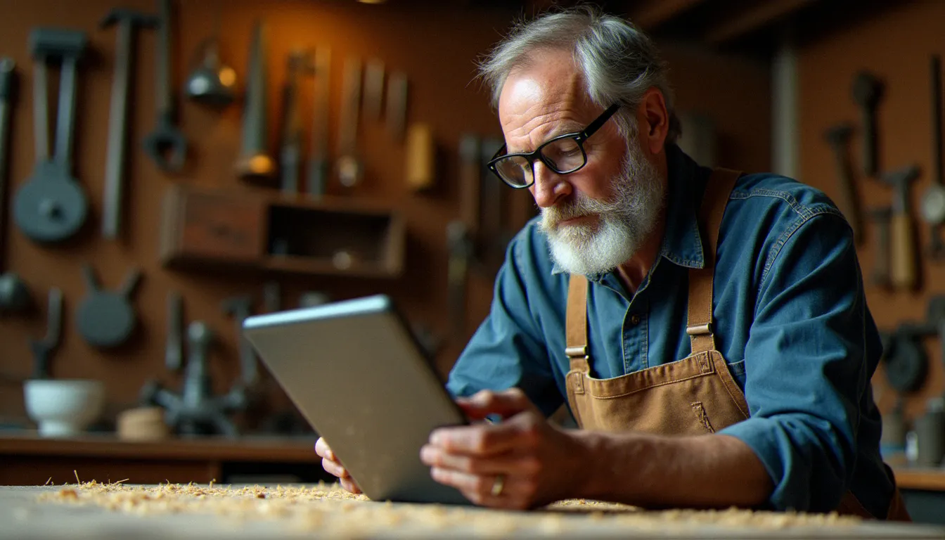 Un artisan consulte le site web qu'il a créé sans codage sur sa tablette depuis son atelier